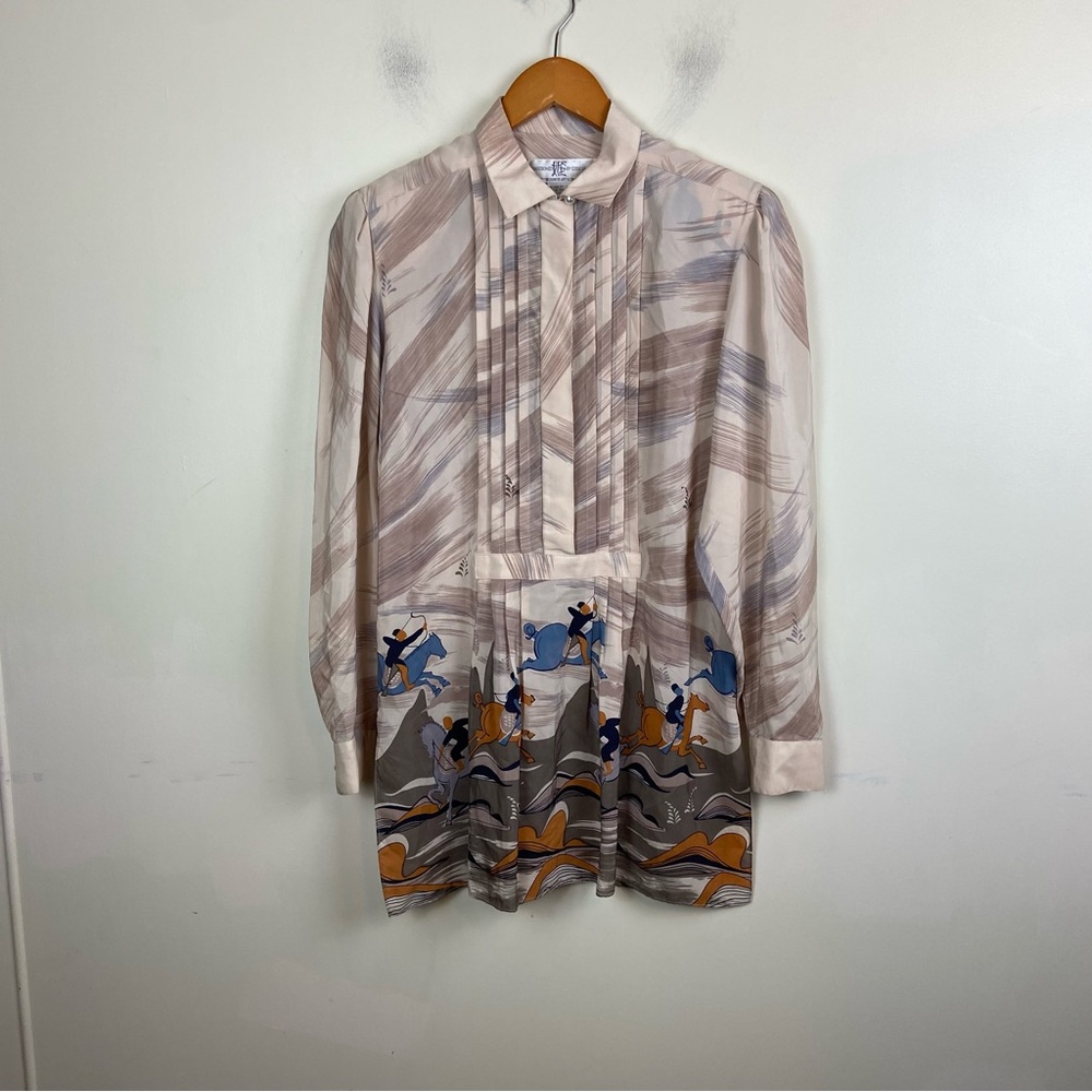 Kai Designed by Eddie Lau Vintage VTG Silk‎ Tunic Blouse Top Samurai Horses 6